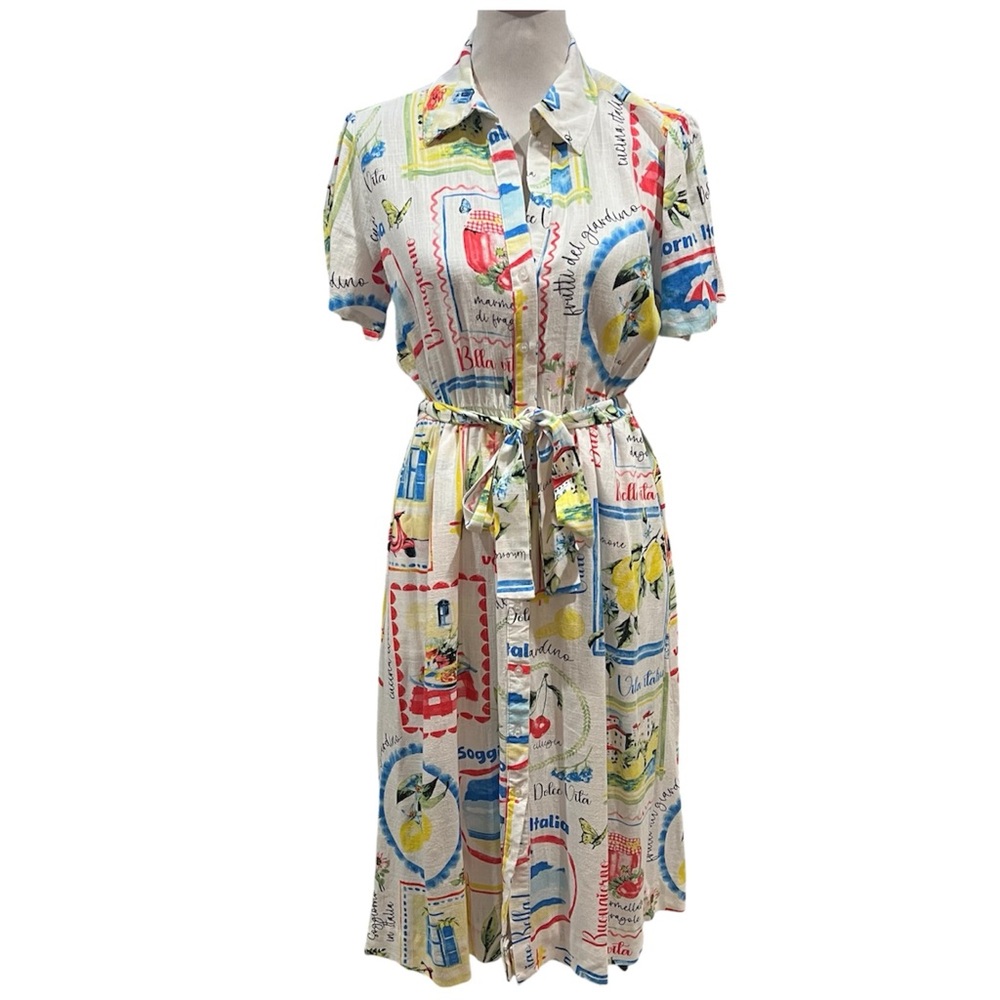 Haver & Blair Italian Vacation Postcard Print Button Down Shirt Dress Medium